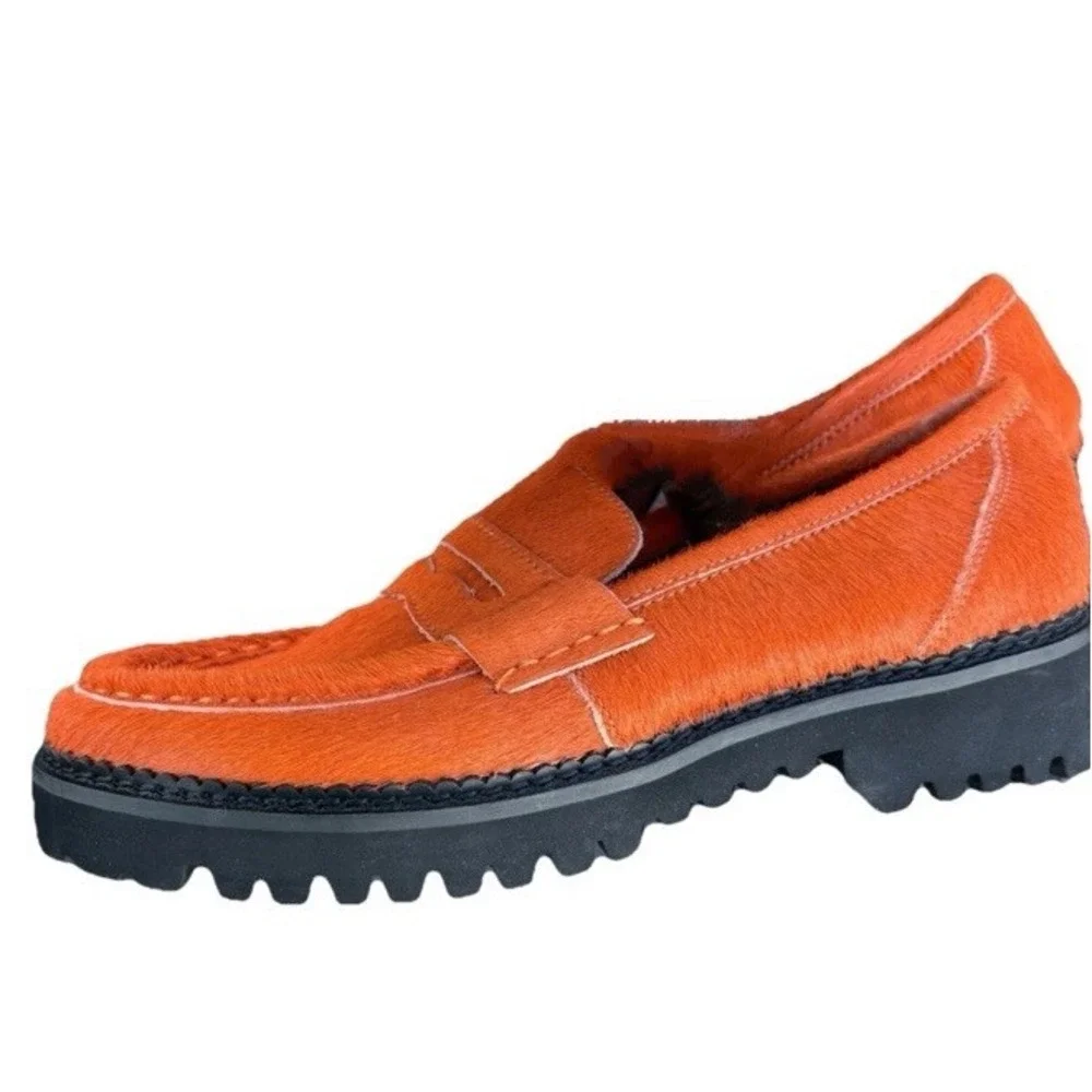 RARE!! Orange Calf Hair Chunky Penny Loafers W7 | 37 Anthropologie Bibi Lou Jaya